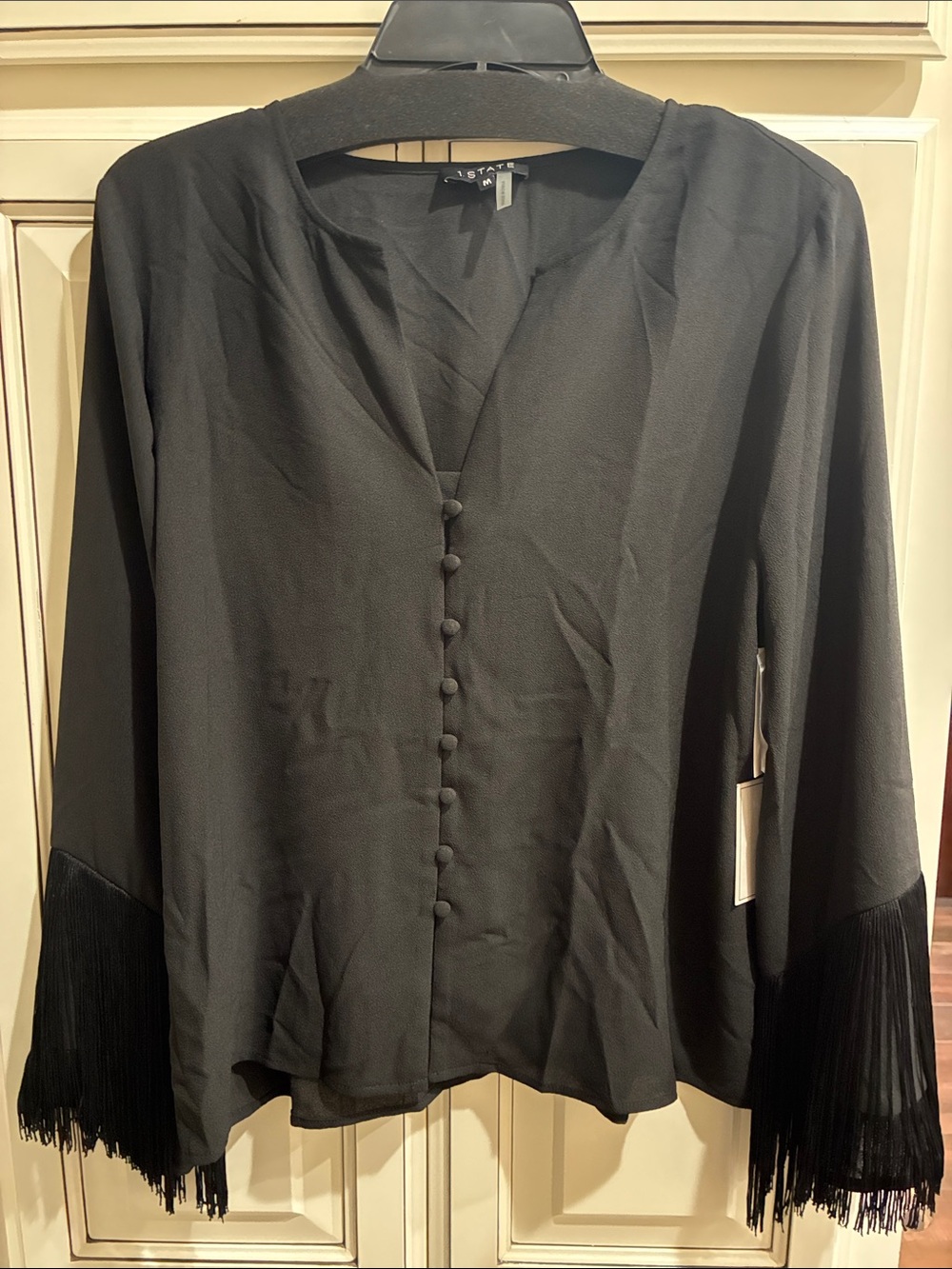 1. State Black Fringe-Cuff Button-Front Blouse